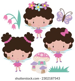 Cute little curly garden fairy vector cartoon illustration