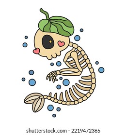 Cute little cyclops mermaid. Mythology sea creature. Skeleton of fish. Underwater nature monster. Funny cartoon vector illustration for kids. Isolated on white