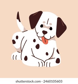 Cute little dalmatian lying and shows tongue. Happy spotted doggy relax. Amusing puppy with black spots on white coat. Small pup of firehouse dog, friendly pet rests. Flat isolated vector illustration