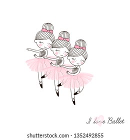 Cute little dancing Ballerina dolls in pink transparent ballet skirts. Simple linear vector graphic illustration isolated on white . Perfect for girlish design, t-shirt fashion print, girl room wall