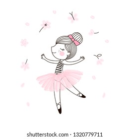 Cute little dancing ballerina girl in pink transparent skirt. Vector doodle illustration in pink colour for girlish designs like textile apparel print, wall art, poster, stickers, cards and more.