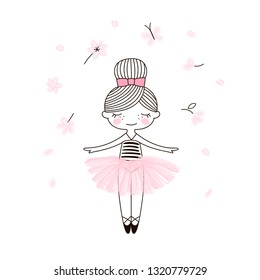 Pequeña bailarina delgada con falda rosa transparente. Dibujo de doodle vectorial en color rosa para diseños de chicas como la tela de la marca, el arte de la pared, afiche, pegatinas, tarjetas y más.