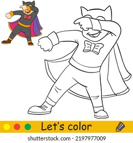 Cute little dancing boy in a bat costume. Halloween concept. Coloring book page for children with colorful template. Vector cartoon illustration. For print, preschool education and game