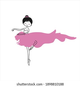 Cute little dancing girl in a pink long skirt. Vector doodle illustration in pink color for girly designs such as textile clothing print, wall art, poster, stickers, postcards and mor