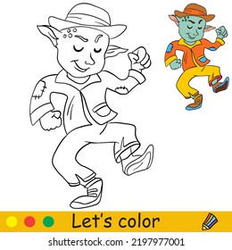 Cute little dancing monster man in the hat. Halloween concept. Coloring book page for children with colorful template. Vector cartoon illustration. For print, preschool education and game
