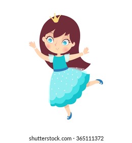 Cute little dancing princess on white background. Vector illustration. Cartoon character for birthday card, invitation, decoration.