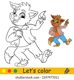 Cute little dancing werewolf. Halloween concept. Coloring book page for children with colorful template. Vector cartoon illustration. For print, preschool education and game