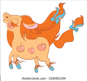 Cute little dappled red roan horse pony ballerina with a scythe, blue bow-knots and pointe shoes. Isolated vector character on a white background.