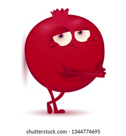 cute little dark red pomegranate fruit character isolated on a white background