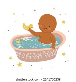 Cute little dark skin baby bathes with a rubber duck. Vector illustration of a baby 1-12 months old. A boy or girl is sitting in a bubble bath. African american children.