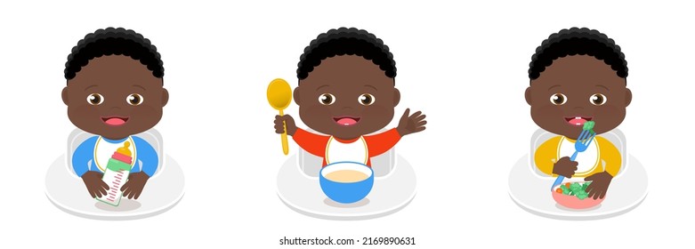 Cute little dark skin baby boy with curly hair, growing up, catoon illustration. Age-by-age guide or Eating Milestones to feeding baby from a bottle milk, to Pureed food, and than to solid food.