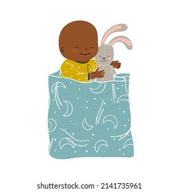 Cute Little Dark Skin Boy In A Bodysuit And A Romper Is Sleeping. Vector Illustration Of A Baby 1-12 Months Old. African American Children.