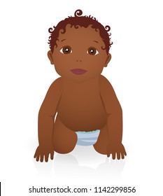 Cute little dark skinned boy / girl sitting on the floor in diaper. Isolated cartoon vector of toddler on white background