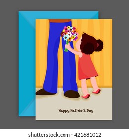 Cute little daughter giving bouquet to her father, Elegant Greeting Card design with Envelope for Happy Father's Day celebration.