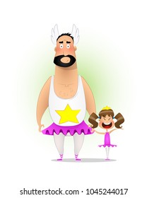 Cute little daughter and her dad in skirts. Father's day concept illustration. Vector