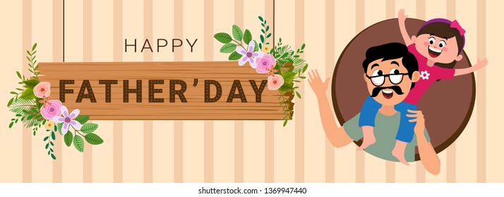 Cute little daughter sitting on her father shoulder for Happy Father's Day celebration concept. Header or banner design.