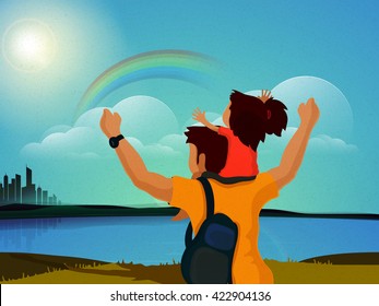 Cute little daughter sitting on her father's shoulder while looking rainbow on beautiful nature background for Happy Father's Day celebration.