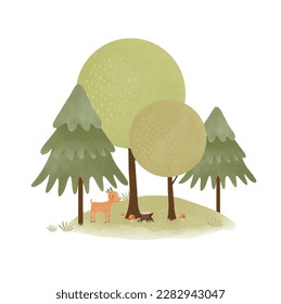 Cute Little Deer Among the Trees. Lovely Nursery Vector Art with Sweet Baby Deer, Mushrooms and Trees on a White Background. Hand Drawn Woodland Print ideal for Wall Art, Poster, Kids Room Decoration.