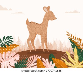  cute little deer with autumn leaves colored in flat style vector illustration.