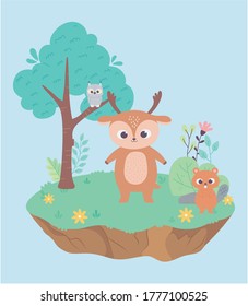 cute little deer and beaver on grass with flowers and tree cartoon vector illustration