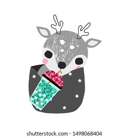 Cute little deer with bubble tea. Trendy kids print with sequins. Vector hand drawn illustration.