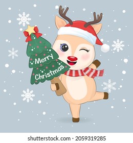 Cute little deer and christmas tree, Christmas season illustration.