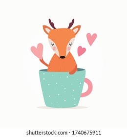 Cute little deer in a cup. Vector illustration art.