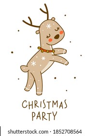 Pequeño y lindo ciervo bailando aislado de fondo blanco - personaje de caricatura para divertida tarjeta de bienvenida de Navidad y Año Nuevo y diseño de afiches