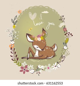 cute little deer with floral wreath