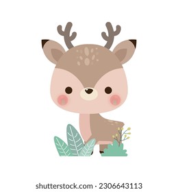 Cute little deer in the forest, funny cartoon character flat style element icon isolated on white background vector illustration