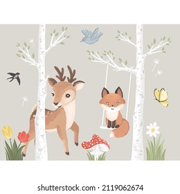 Cute little deer and fox . Wall mural for kid room decoration. Vector illustrations with Forest theme