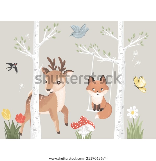Cute little deer and fox . Wall mural for kid room decoration. Vector illustrations with Forest theme