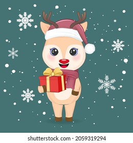 Cute little deer and gift box. Christmas season illustration