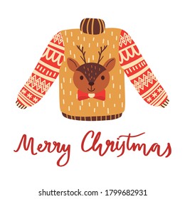 Cute little deer on Ugly Christmas sweater with holidays ornament. Vector isolated with hand drawn lettering.