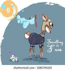 Cute little deer pilot cartoon hand drawn vector illustration. Can be used to print baby t-shirts.