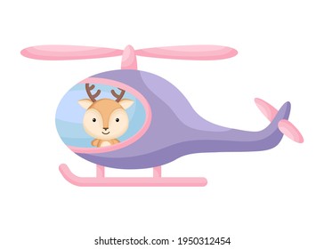 Cute little deer pilot in violet helicopter. Cartoon character for childrens book, album, baby shower, greeting card, party invitation, house interior. Vector stock illustration.