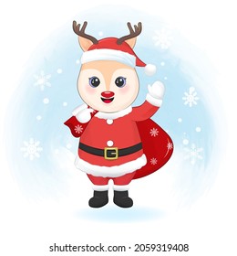 Cute little deer in santa costume Christmas season illustration