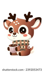 Pequeño ciervo lindo sentado y sosteniendo una taza de chocolate caliente. Venado con una bufanda. Acogedor, ambiente navideño, estilo de dibujos animados, pegatina