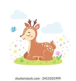 Cute little deer sitting on grass with flower and butterfly. Forest baby animal. Funny childish character for greeting card, poster, kid clothing, cover, invitation or print design. Vector