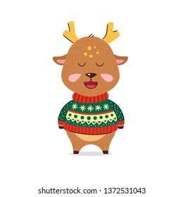 Cute little deer smiles. Kawaii deer in Christmas sweater with patterns. Red-green warm sweater. Happy New Year. Santa's Helper. Flat hand drawn illustration kid's poster. Cartoon animal character set