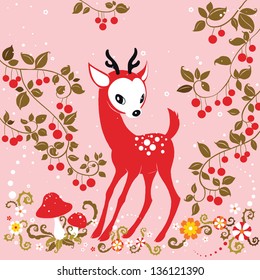 Cute Little Deer under Cherry Tree. Floral background,summer theme, greeting card. Template design can be used for packaging, invitations,Birthday decoration,bag template, print for mag cup and etc.