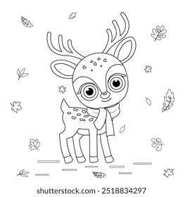 A cute little deer wrapped in a warm scarf walks under the autumn leaves. Vector cartoon illustration, coloring page, outline drawing. No artificial intelligence was used to create the illustration.
