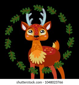 A cute little deer in a wreath of oak leaves on a black background.