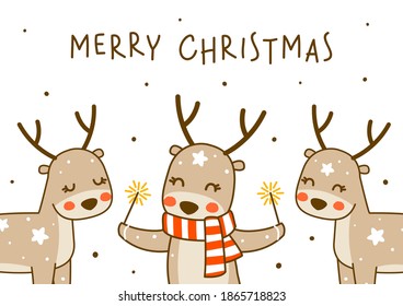 Cute little deers isolated on white background - cartoon characters for funny Christmas and New Year winter greeting card design