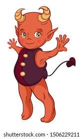 Cute little demon Helloween character. Funny cartoon horned kid from hell on a white background.