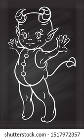 Cute little demon Helloween character. Funny cartoon horned kid from hell on a chalkboard background.