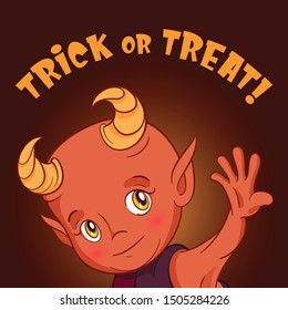 Cute little demon Helloween greeting card. Funny cartoon horned kid from hell.