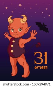 Cute little demon Helloween greeting card. Funny cartoon horned kid from hell.