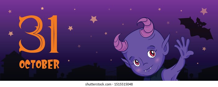 Cute little demon Helloween greeting card. Funny cartoon horned kid from hell.