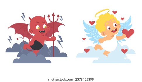 Pequeño diablo y ángel. Personajes adorables del cielo y el infierno. Bebé disfrazado, halo de oro, alas de murciélago y cola. Bien y mal, saint o malvado dibujo de estilo plano concepto de vector aislado